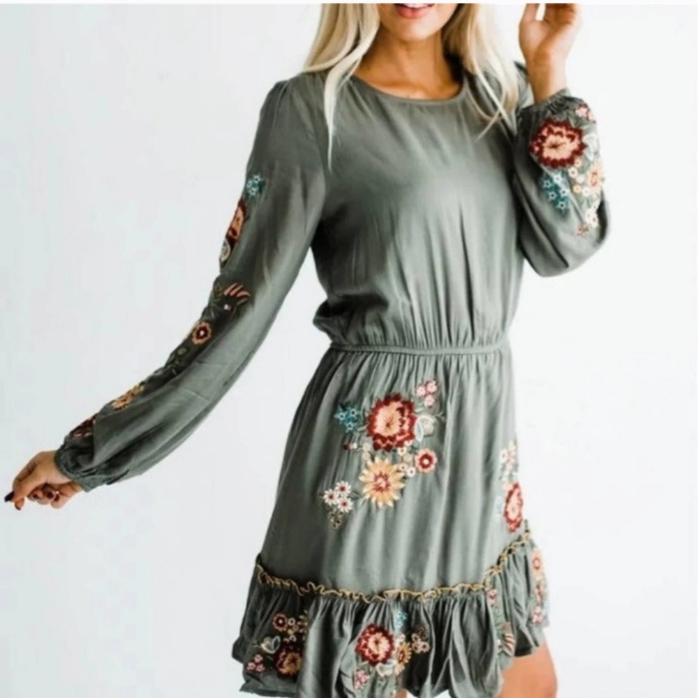 Savanna Jane Olive Green Embroidered Floral Long Sleeve Dress